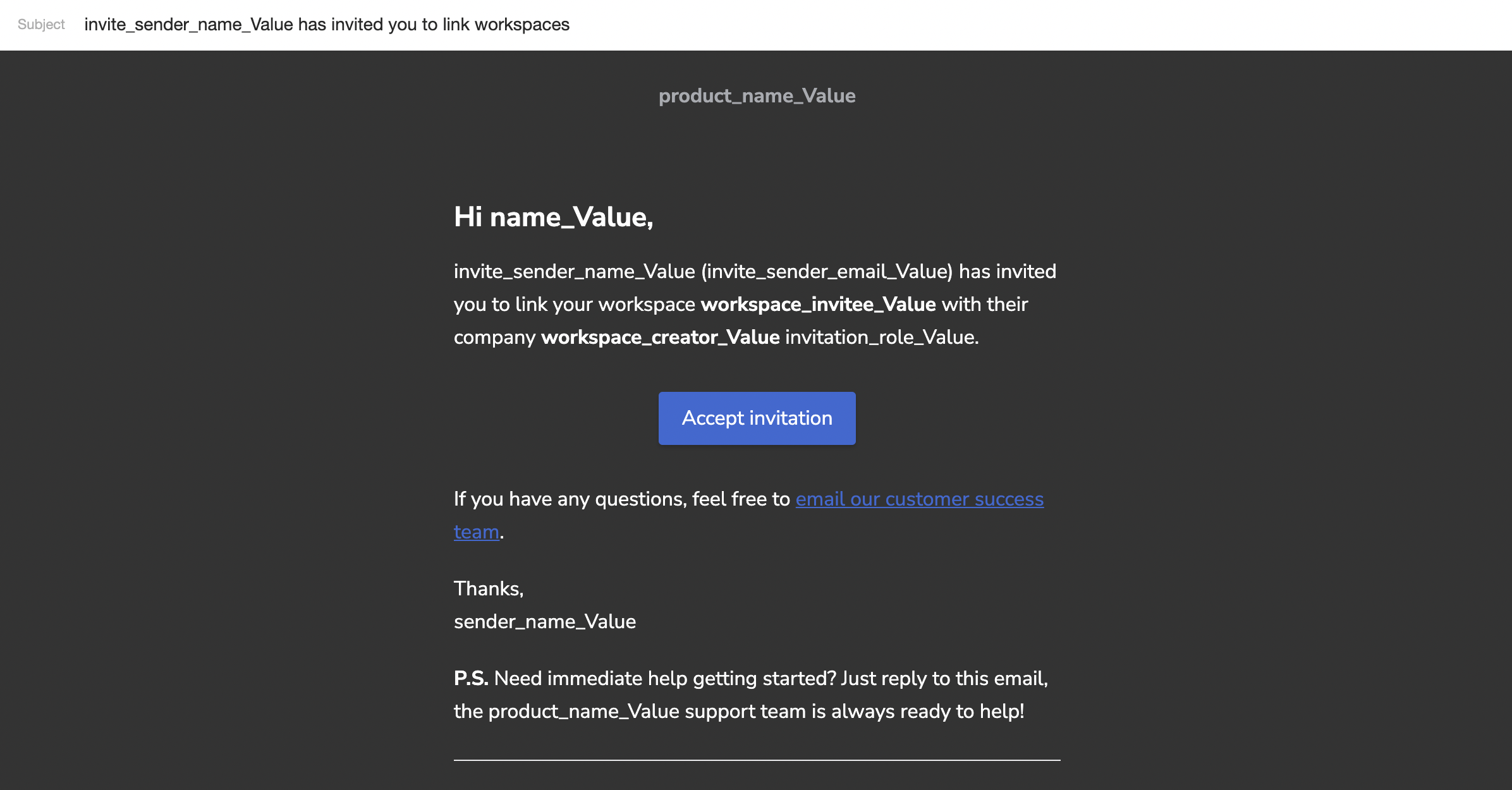 Invite User to Link Workspace - Postmark email template